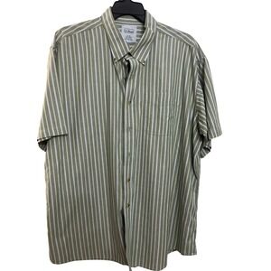 LLBean Mens XXL Reg Short Sleeve Button Down Shirt Green White Stripe Cotton